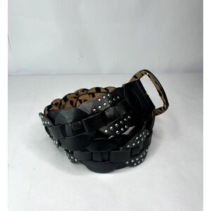 Betsey Johnson Leopard Print Faux Patent Chunky Belt Black Silver Studded Womens